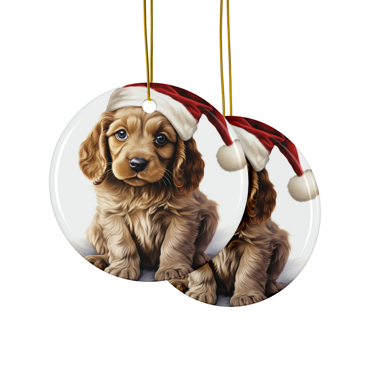 Hanging Ceramic Christmas Tree Ornament with Gold String - Cocker Spaniel Puppy Drawing Design, view 2
