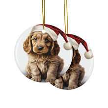 DistinctInk Hanging Ceramic Christmas Tree Ornament with Gold String - Great Gift/Present - 2 3/4 inch Diameter - Cocker Spaniel Puppy Drawing Design