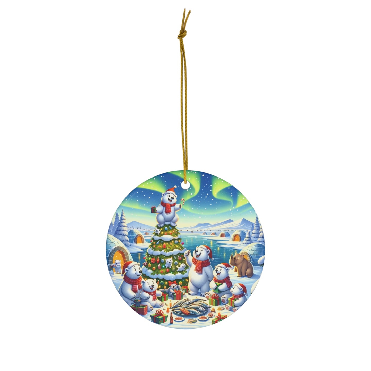 DistinctInk Hanging Ceramic Christmas Tree Ornament Charm with Gold String - Great Gift/Present - 2 3/4 inch Diameter - Polar Bear Christmas Party