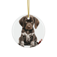 DistinctInk Hanging Ceramic Christmas Tree Ornament with Gold String - Great Gift/Present - 2 3/4 inch Diameter - German Shorthaired Pointer Puppy Drawing Design