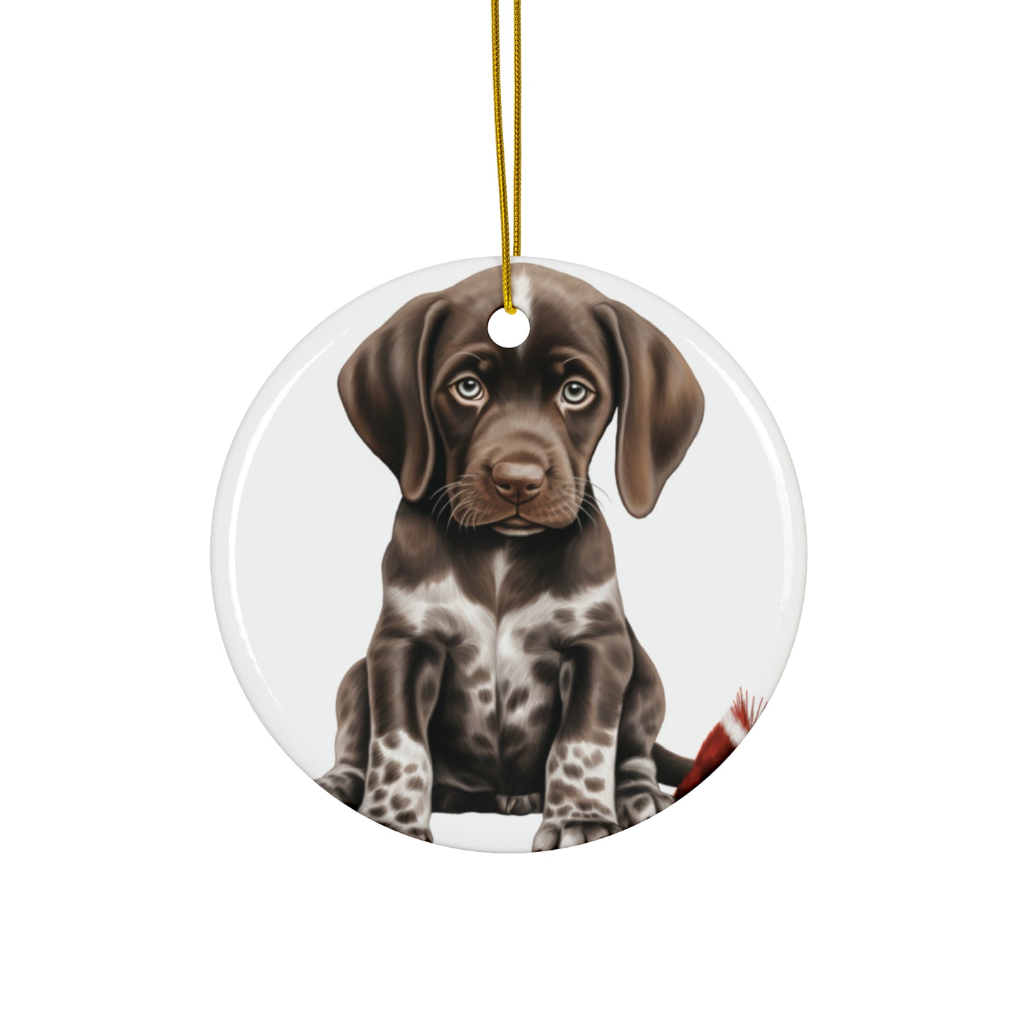 DistinctInk Hanging Ceramic Christmas Tree Ornament with Gold String - Great Gift/Present - 2 3/4 inch Diameter - German Shorthaired Pointer Puppy Drawing Design