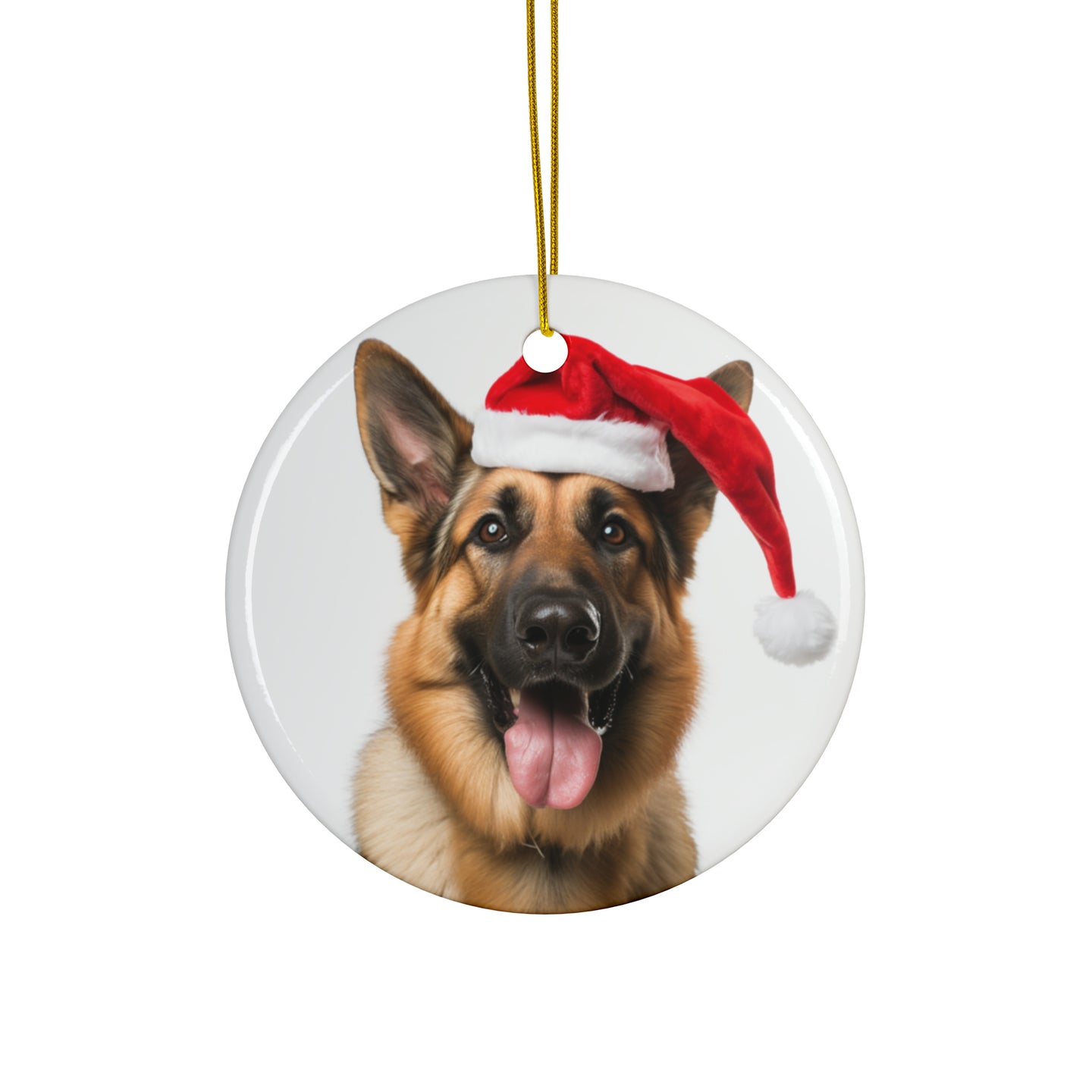 DistinctInk Hanging Ceramic Christmas Tree Ornament with Gold String - Great Gift/Present - 2 3/4 inch Diameter - German Shepherd Dog Design
