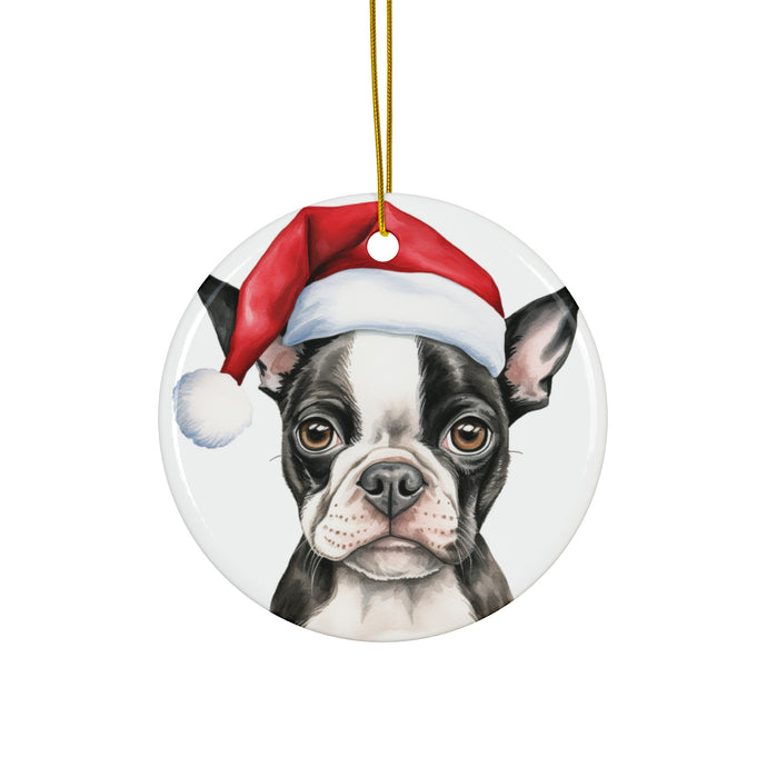 DistinctInk Hanging Ceramic Christmas Tree Ornament with Gold String - Great Gift/Present - 2 3/4 inch Diameter - Boston Terrier Puppy Drawing Design