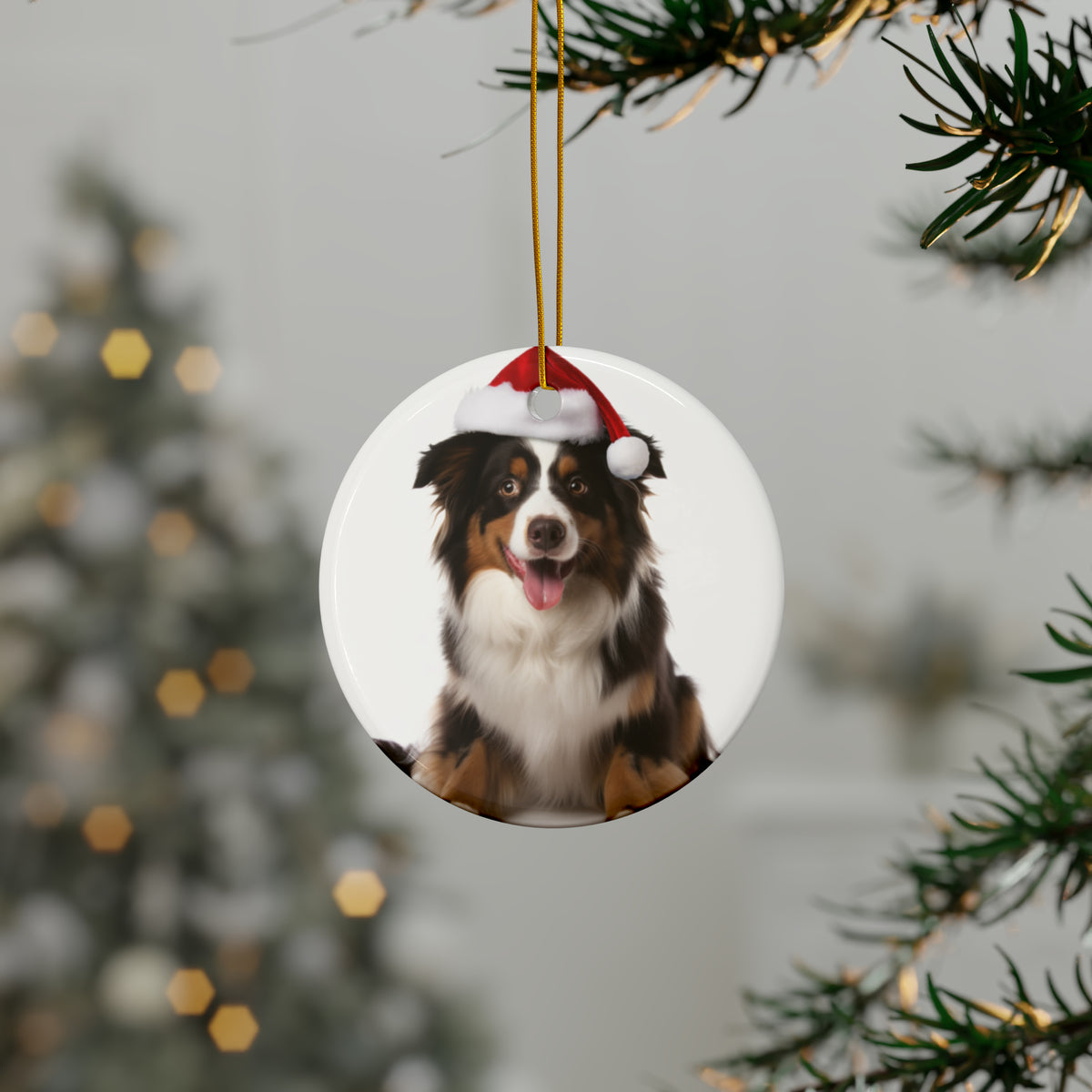 Hanging Ceramic Christmas Tree Ornament with Gold String - Miniature American Shepherd Design, view 3