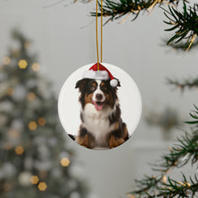DistinctInk Hanging Ceramic Christmas Tree Ornament with Gold String - Great Gift/Present - 2 3/4 inch Diameter - Miniature American Shepherd Design