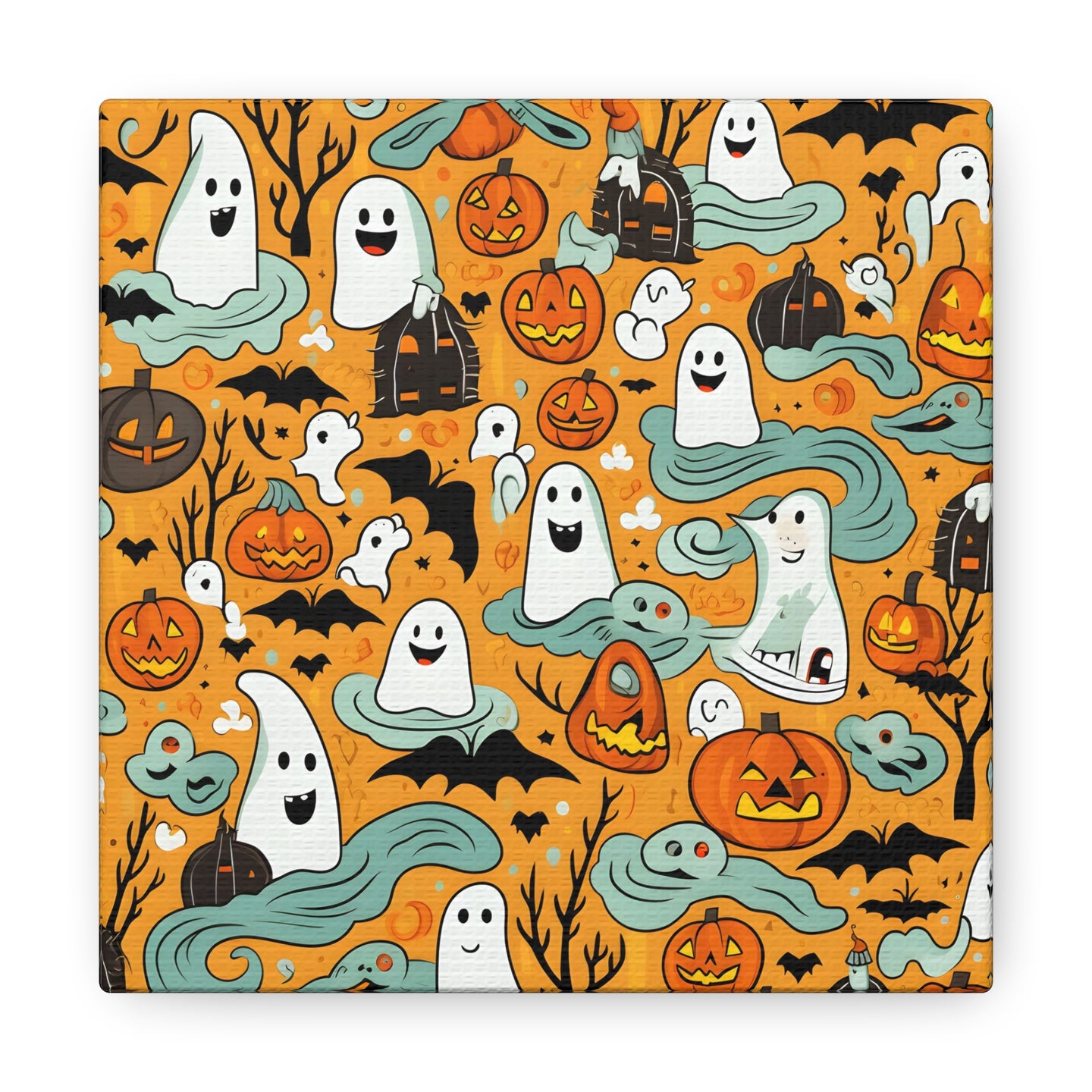 DistinctInk Canvas Wall Art with Flying Pumpkin Bats for Halloween