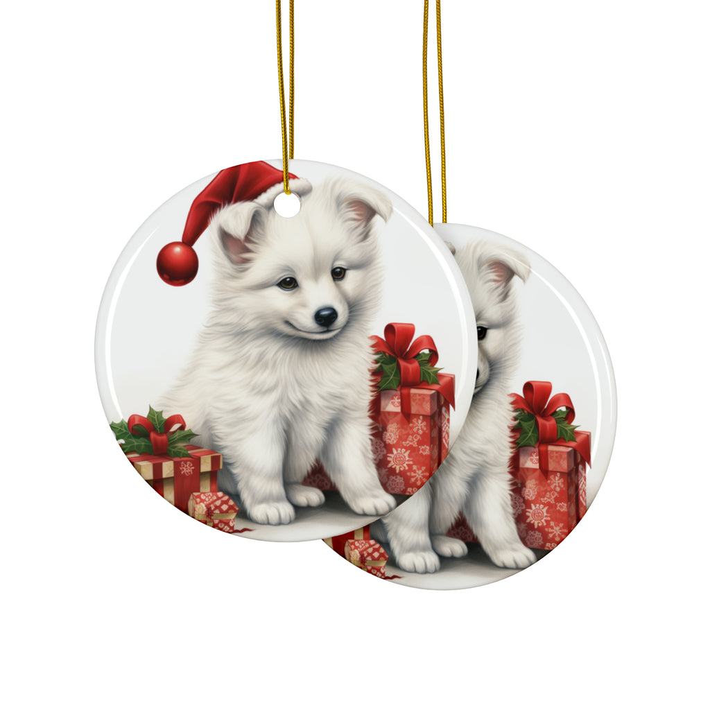 Hanging Ceramic Christmas Tree Ornament with Gold String - American Eskimo Dog Puppy Drawing Design, view 2