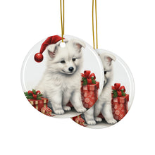DistinctInk Hanging Ceramic Christmas Tree Ornament with Gold String - Great Gift/Present - 2 3/4 inch Diameter - American Eskimo Dog Puppy Drawing Design