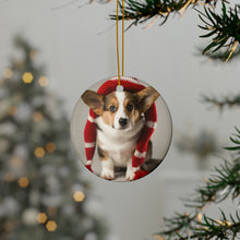 DistinctInk Hanging Ceramic Christmas Tree Ornament with Gold String - Great Gift/Present - 2 3/4 inch Diameter - Cardigan Welsh Corgi Puppy Design