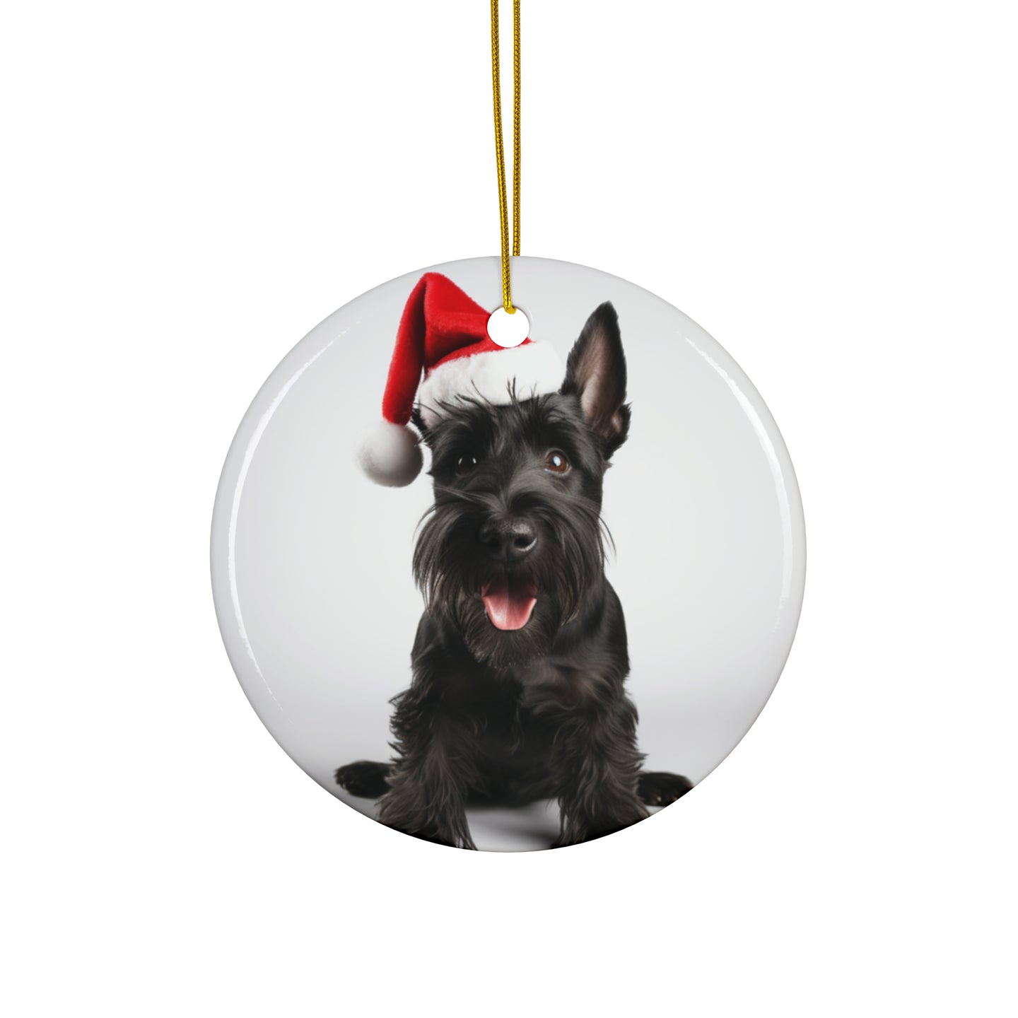 DistinctInk Hanging Ceramic Christmas Tree Ornament with Gold String - Great Gift/Present - 2 3/4 inch Diameter - Scottish Terrier Design