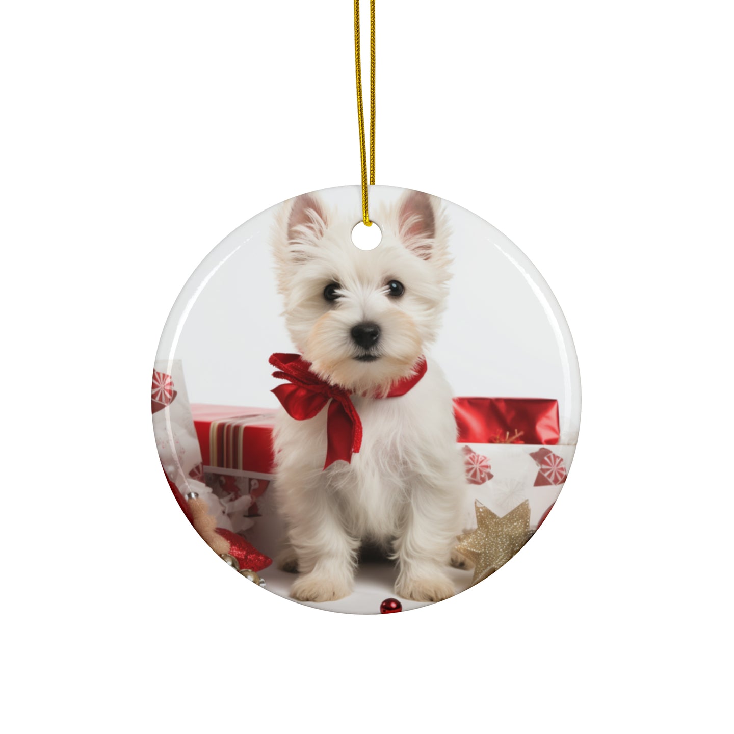 DistinctInk Hanging Ceramic Christmas Tree Ornament with Gold String - Great Gift/Present - 2 3/4 inch Diameter - West Highland White Terrier Puppy Design