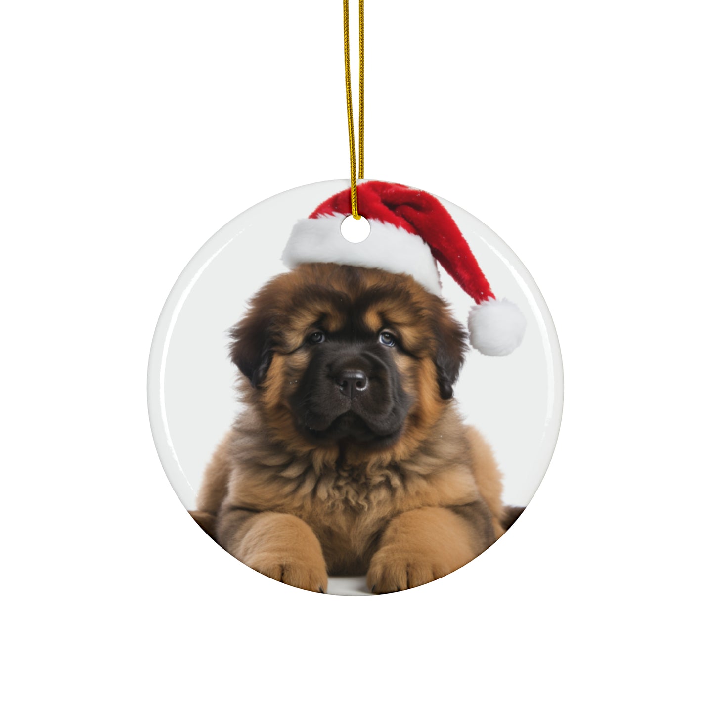 DistinctInk Hanging Ceramic Christmas Tree Ornament with Gold String - Great Gift/Present - 2 3/4 inch Diameter - Tibetan Mastiff Puppy Design