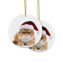 DistinctInk Hanging Ceramic Christmas Tree Ornament with Gold String - Great Gift/Present - 2 3/4 inch Diameter - Exotic Shorthair Cat Design