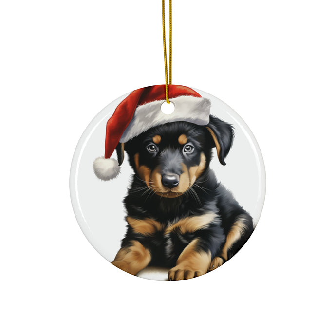 DistinctInk Hanging Ceramic Christmas Tree Ornament with Gold String - Great Gift/Present - 2 3/4 inch Diameter - Beauceron Puppy Drawing Design