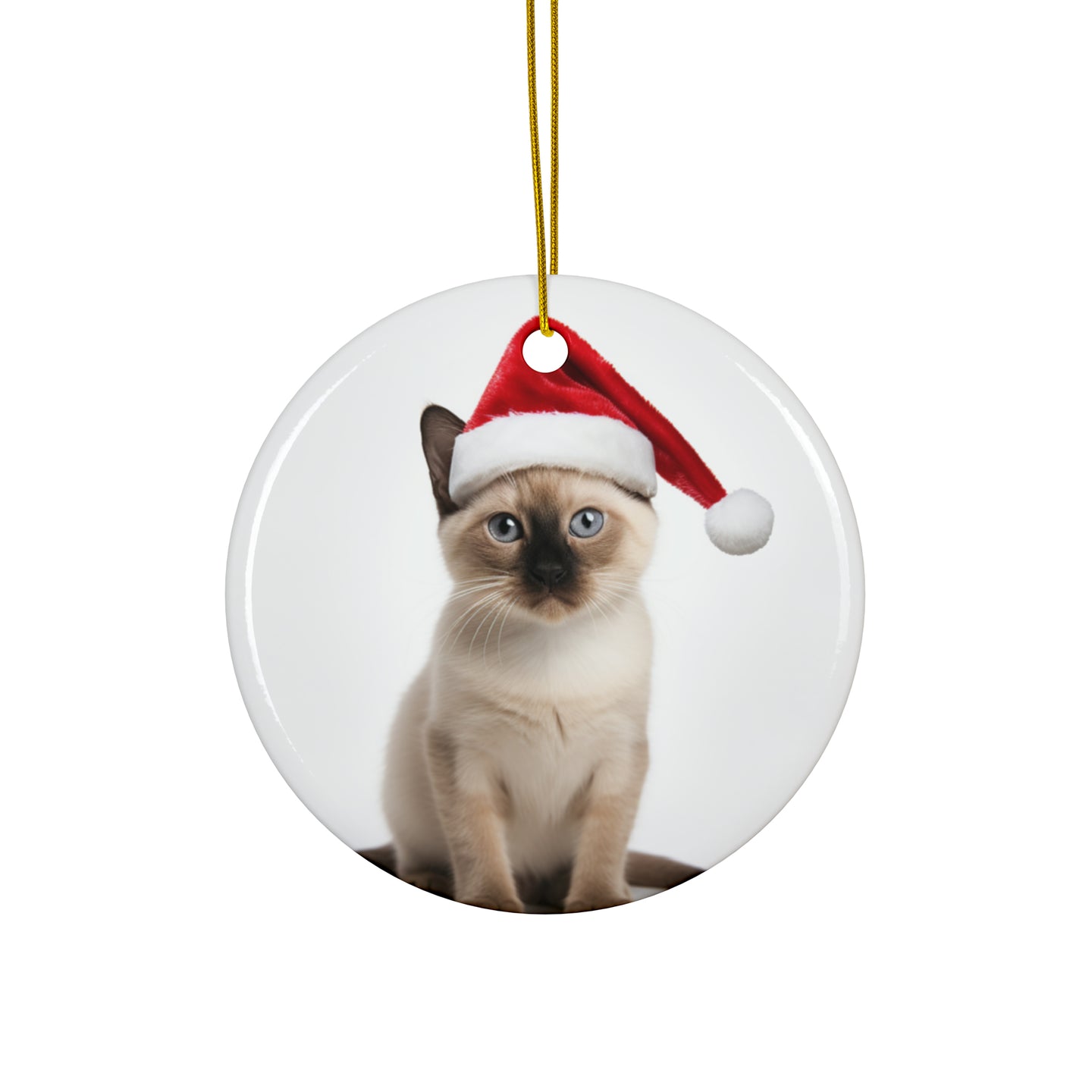 DistinctInk Hanging Ceramic Christmas Tree Ornament with Gold String - Great Gift/Present - 2 3/4 inch Diameter - Tonkinese Cat Design