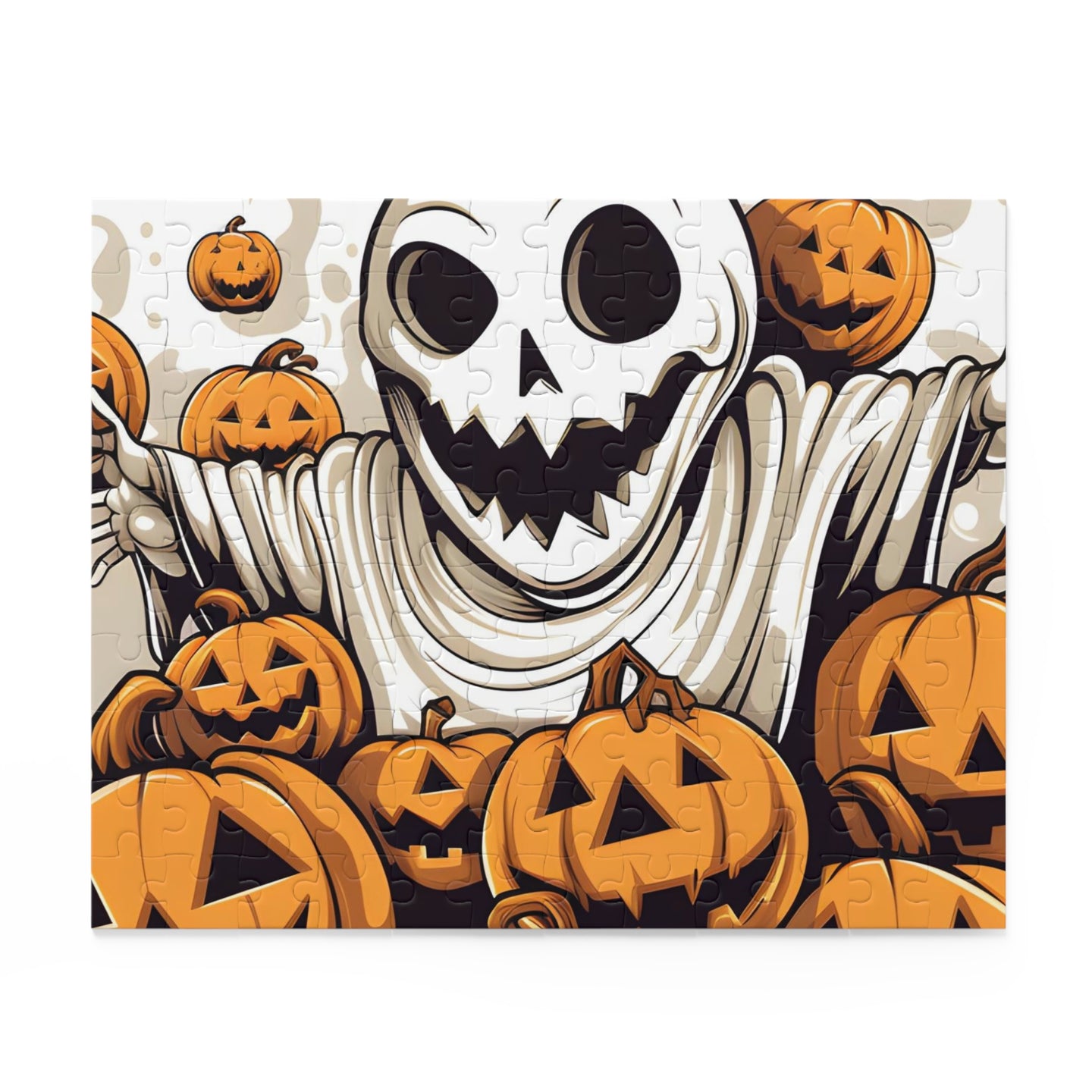 DistinctInk Jigsaw Puzzle with Ghostly Skeleton and Pumpkins Design for Halloween