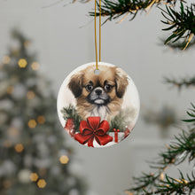 DistinctInk Hanging Ceramic Christmas Tree Ornament with Gold String - Great Gift/Present - 2 3/4 inch Diameter - Tibetan Spaniel Puppy Drawing Design