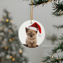 DistinctInk Hanging Ceramic Christmas Tree Ornament with Gold String - Great Gift/Present - 2 3/4 inch Diameter - Burmese Kitten Design