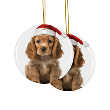 DistinctInk Hanging Ceramic Christmas Tree Ornament with Gold String - Great Gift/Present - 2 3/4 inch Diameter - Cocker Spaniel Puppy Design