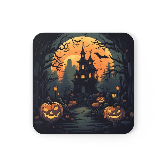 DistinctInk (Set of 4) Corkwood Coasters with Spooky Trick or Treating Design for Halloween
