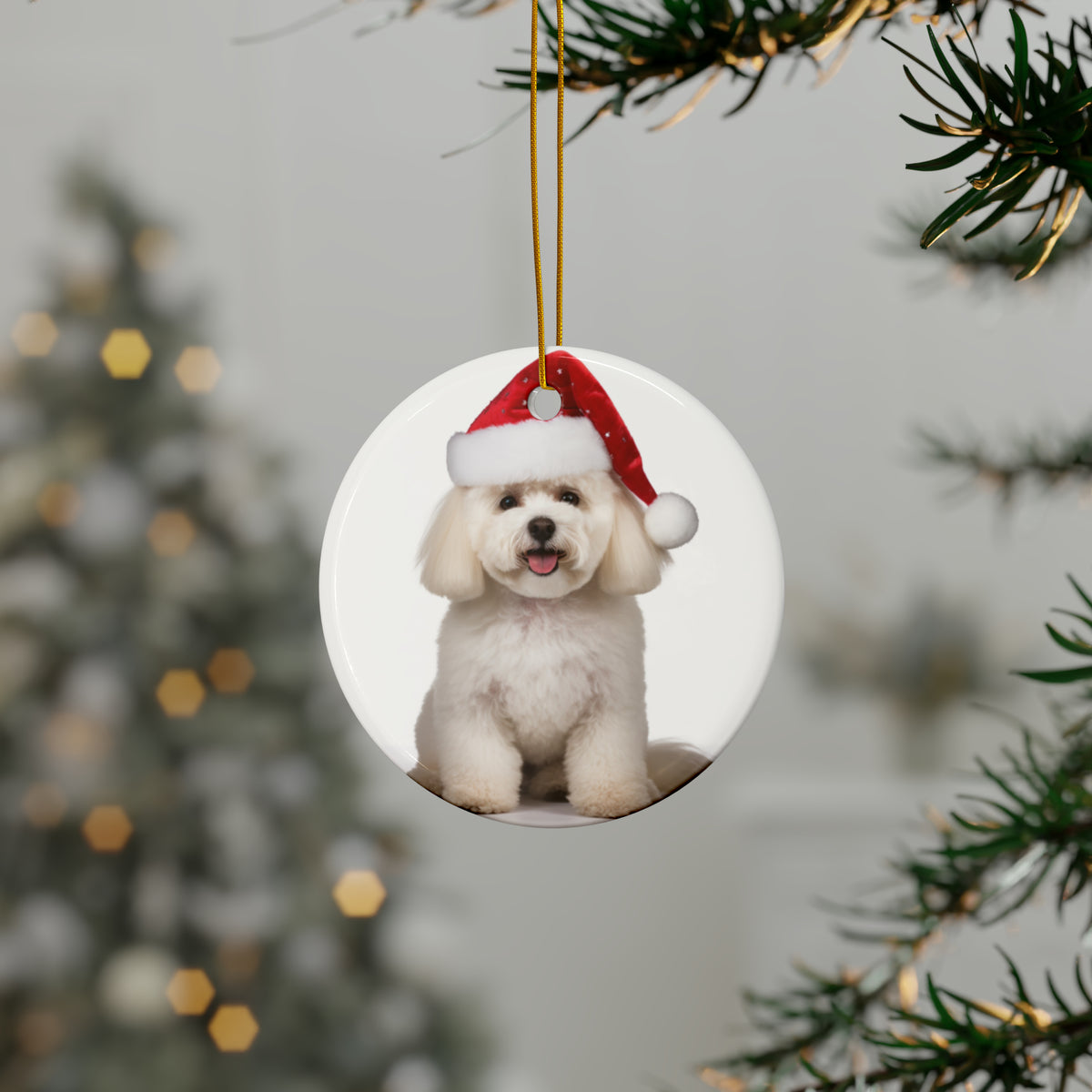 Hanging Ceramic Christmas Tree Ornament with Gold String - Bichon Frise Design, view 3