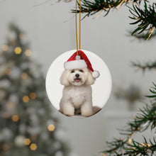 DistinctInk Hanging Ceramic Christmas Tree Ornament with Gold String - Great Gift/Present - 2 3/4 inch Diameter - Bichon Frise Design