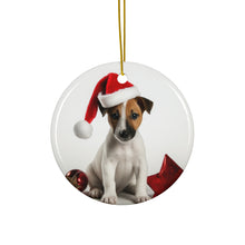 DistinctInk Hanging Ceramic Christmas Tree Ornament with Gold String - Great Gift/Present - 2 3/4 inch Diameter - Smooth Fox Terrier Puppy Design