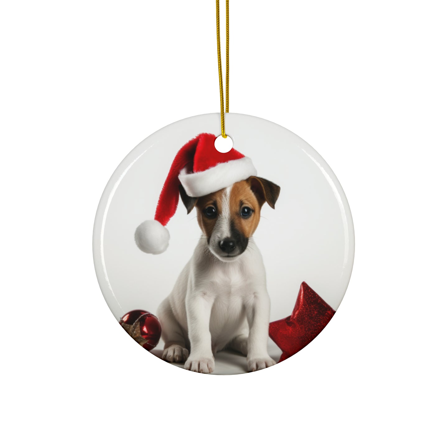 DistinctInk Hanging Ceramic Christmas Tree Ornament with Gold String - Great Gift/Present - 2 3/4 inch Diameter - Smooth Fox Terrier Puppy Design