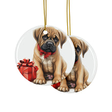 DistinctInk Hanging Ceramic Christmas Tree Ornament with Gold String - Great Gift/Present - 2 3/4 inch Diameter - Boerboel Puppy Drawing Design