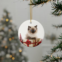 DistinctInk Hanging Ceramic Christmas Tree Ornament with Gold String - Great Gift/Present - 2 3/4 inch Diameter - Birman Kitten Design