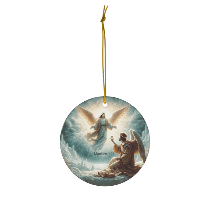 DistinctInk Hanging Ceramic Christmas Tree Ornament Charm with Gold String - Great Gift/Present - 2 3/4 inch Diameter - Angel's Revelation, Promise Fulfilled - Matthew 1:21