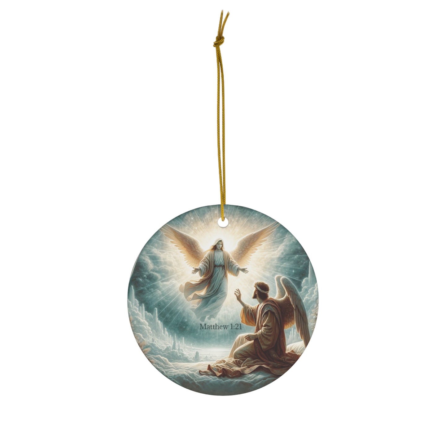 DistinctInk Hanging Ceramic Christmas Tree Ornament Charm with Gold String - Great Gift/Present - 2 3/4 inch Diameter - Angel's Revelation, Promise Fulfilled - Matthew 1:21
