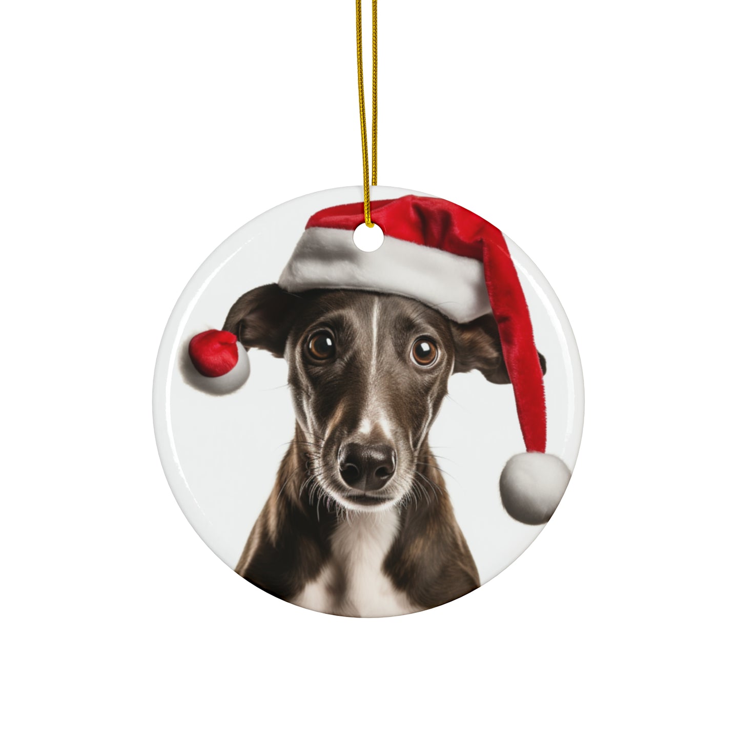 DistinctInk Hanging Ceramic Christmas Tree Ornament with Gold String - Great Gift/Present - 2 3/4 inch Diameter - Greyhound Puppy Design