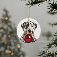 DistinctInk Hanging Ceramic Christmas Tree Ornament with Gold String - Great Gift/Present - 2 3/4 inch Diameter - Dalmatian Puppy Design