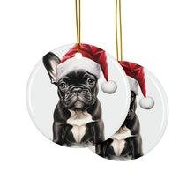 DistinctInk Hanging Ceramic Christmas Tree Ornament with Gold String - Great Gift/Present - 2 3/4 inch Diameter - French Bulldog Puppy Drawing Design