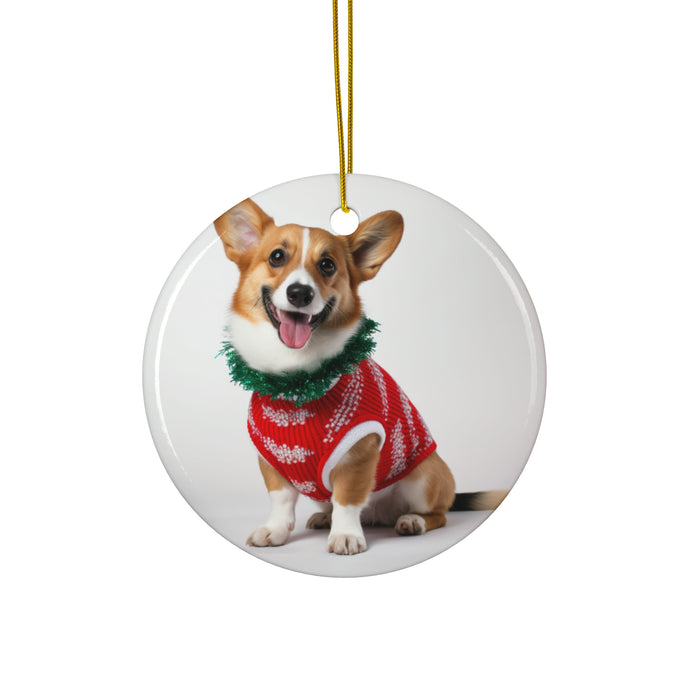 DistinctInk Hanging Ceramic Christmas Tree Ornament with Gold String - Great Gift/Present - 2 3/4 inch Diameter - Cardigan Welsh Corgi Design