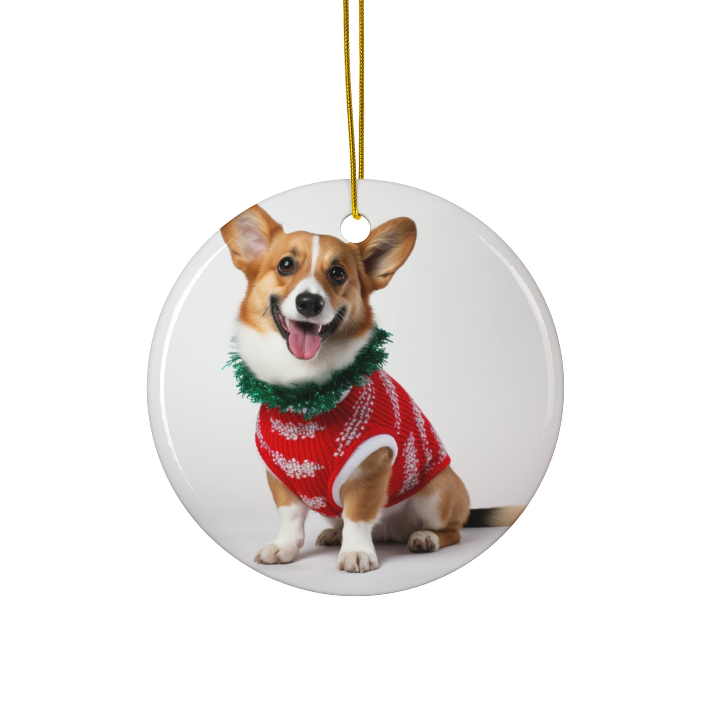 DistinctInk Hanging Ceramic Christmas Tree Ornament with Gold String - Great Gift/Present - 2 3/4 inch Diameter - Cardigan Welsh Corgi Design