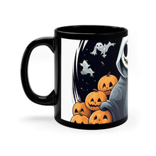 DistinctInk Black Coffee Mug - Skeleton Ghost and Pumpkin for Halloween