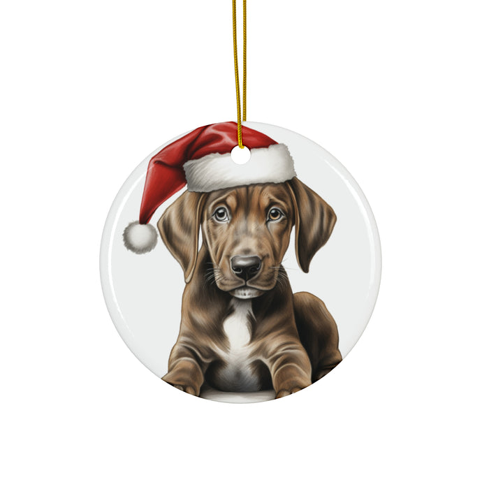 DistinctInk Hanging Ceramic Christmas Tree Ornament with Gold String - Great Gift/Present - 2 3/4 inch Diameter - Plott Hound Puppy Drawing Design
