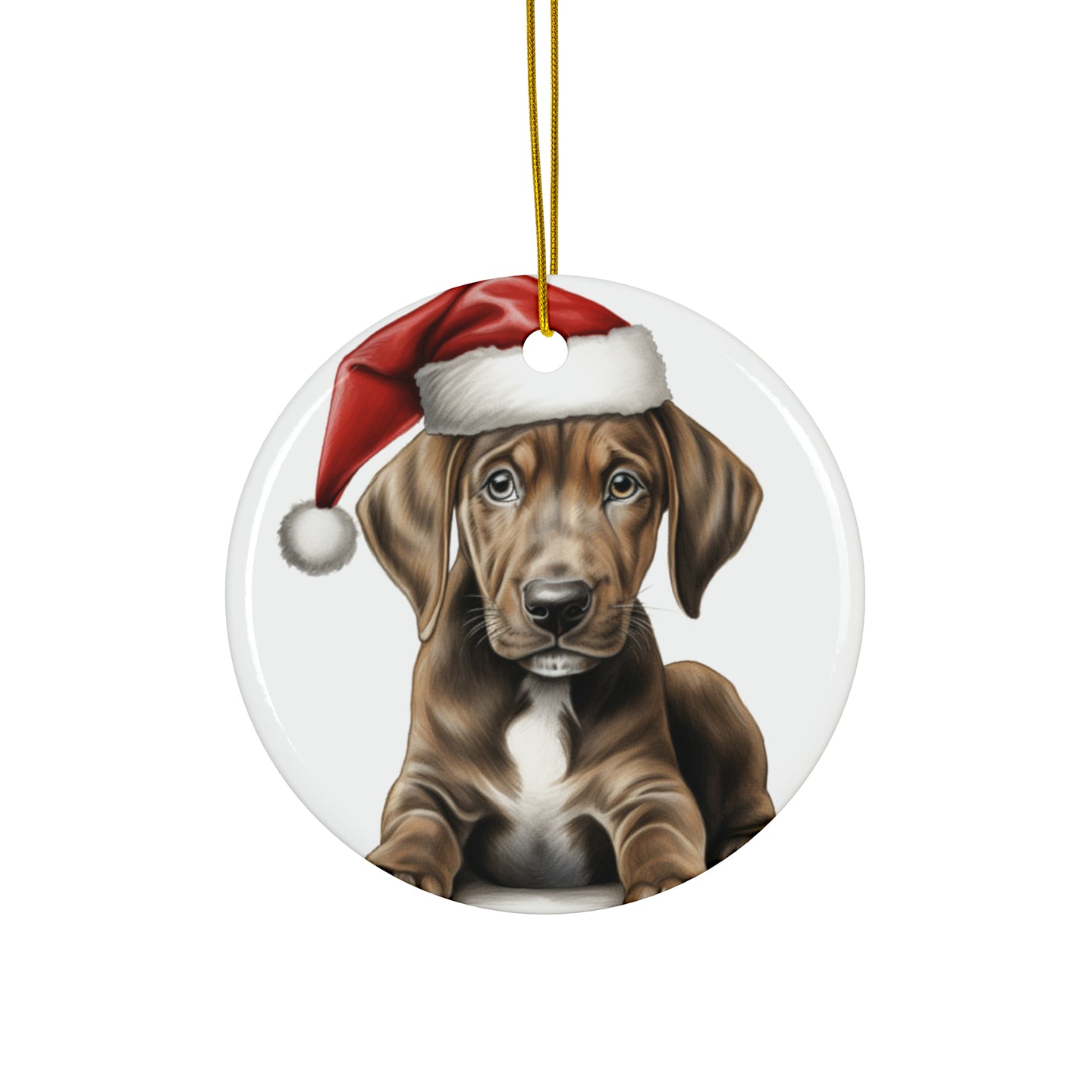 DistinctInk Hanging Ceramic Christmas Tree Ornament with Gold String - Great Gift/Present - 2 3/4 inch Diameter - Plott Hound Puppy Drawing Design