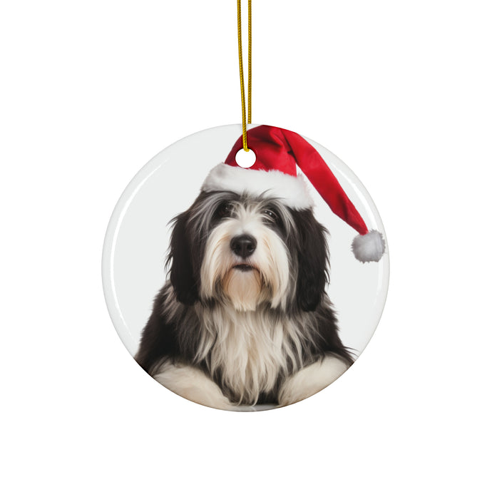 DistinctInk Hanging Ceramic Christmas Tree Ornament with Gold String - Great Gift/Present - 2 3/4 inch Diameter - Polish Lowland Sheepdog Design
