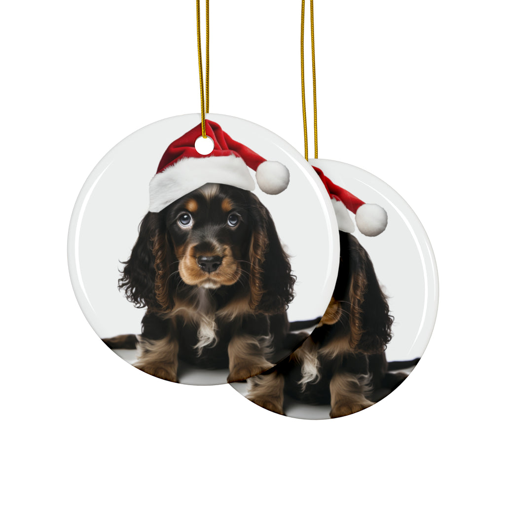 Hanging Ceramic Christmas Tree Ornament with Gold String - English Cocker Spaniel Puppy Design, view 2