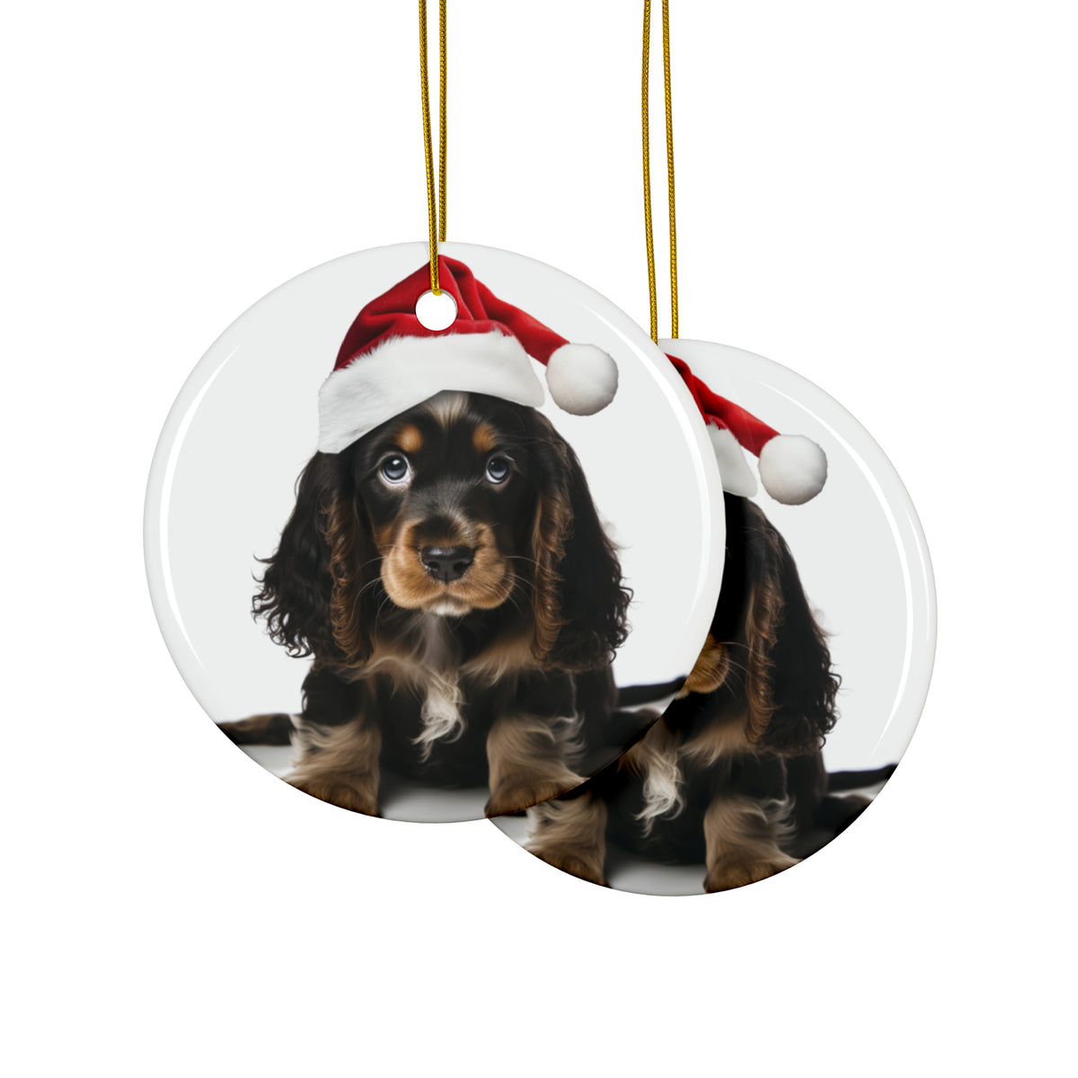 Hanging Ceramic Christmas Tree Ornament with Gold String - English Cocker Spaniel Puppy Design, view 2