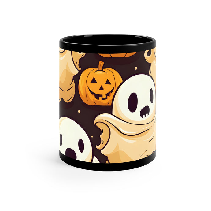 DistinctInk Black Coffee Mug - Ghost Skeleton Pumpkin Pattern for Halloween