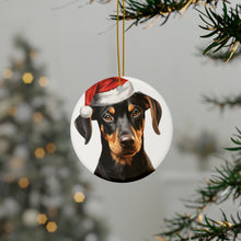 DistinctInk Hanging Ceramic Christmas Tree Ornament with Gold String - Great Gift/Present - 2 3/4 inch Diameter - Doberman Pinscher Puppy Drawing Design