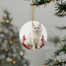DistinctInk Hanging Ceramic Christmas Tree Ornament with Gold String - Great Gift/Present - 2 3/4 inch Diameter - Turkish Angora Cat Design