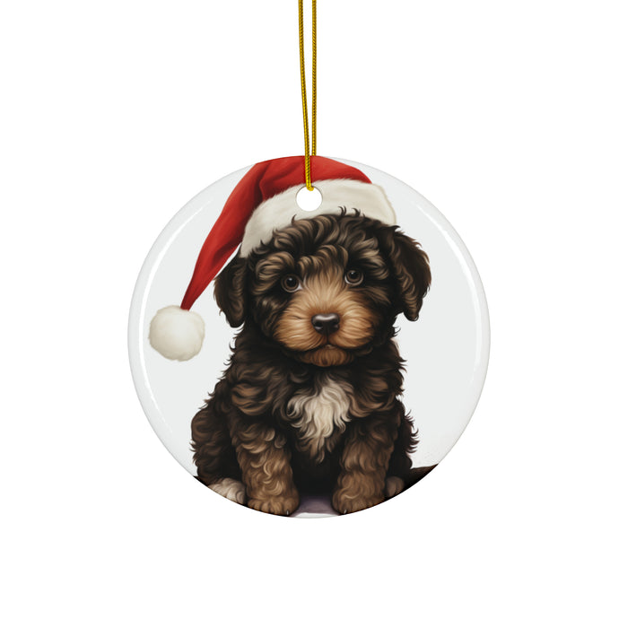 DistinctInk Hanging Ceramic Christmas Tree Ornament with Gold String - Great Gift/Present - 2 3/4 inch Diameter - Barbet Puppy Drawing Design