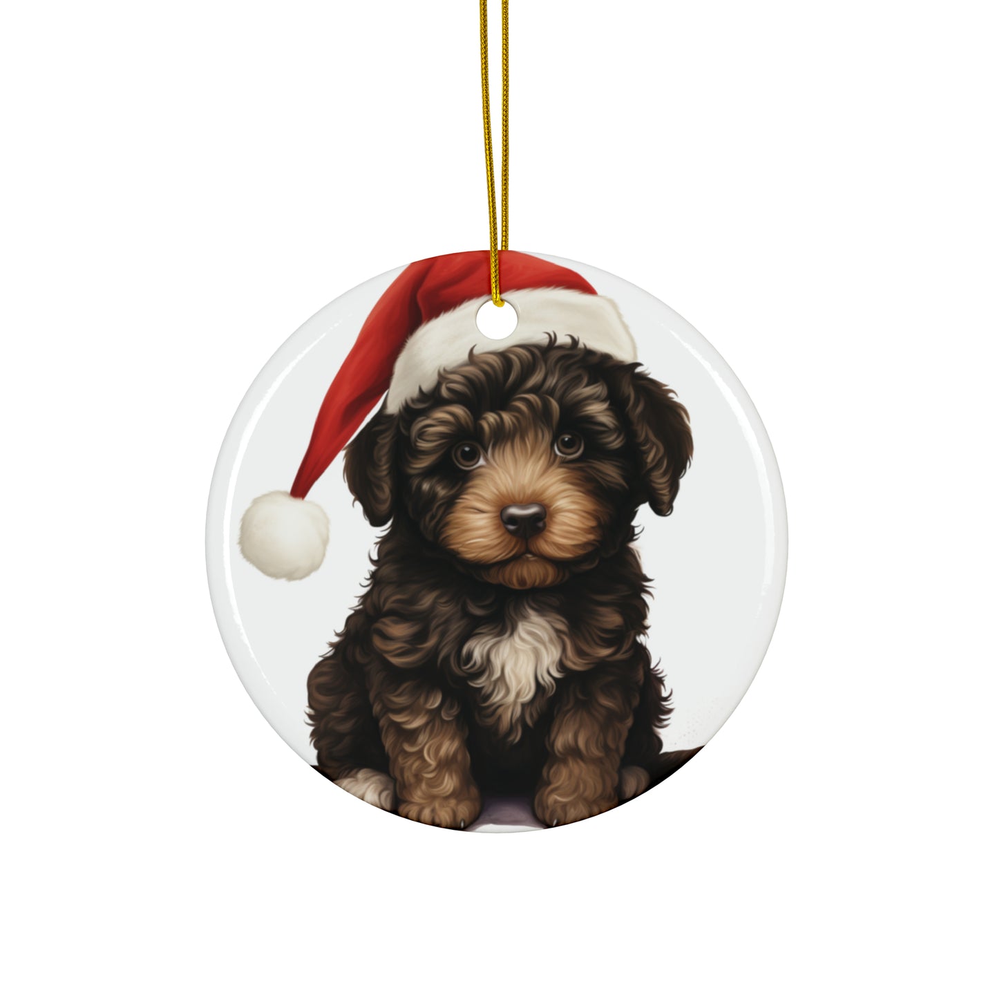DistinctInk Hanging Ceramic Christmas Tree Ornament with Gold String - Great Gift/Present - 2 3/4 inch Diameter - Barbet Puppy Drawing Design