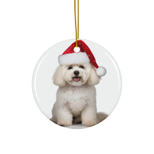 DistinctInk Hanging Ceramic Christmas Tree Ornament with Gold String - Great Gift/Present - 2 3/4 inch Diameter - Bichon Frise Design