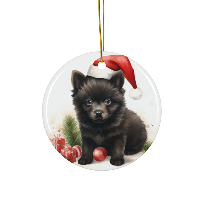 DistinctInk Hanging Ceramic Christmas Tree Ornament with Gold String - Great Gift/Present - 2 3/4 inch Diameter - Schipperke Puppy Drawing Design